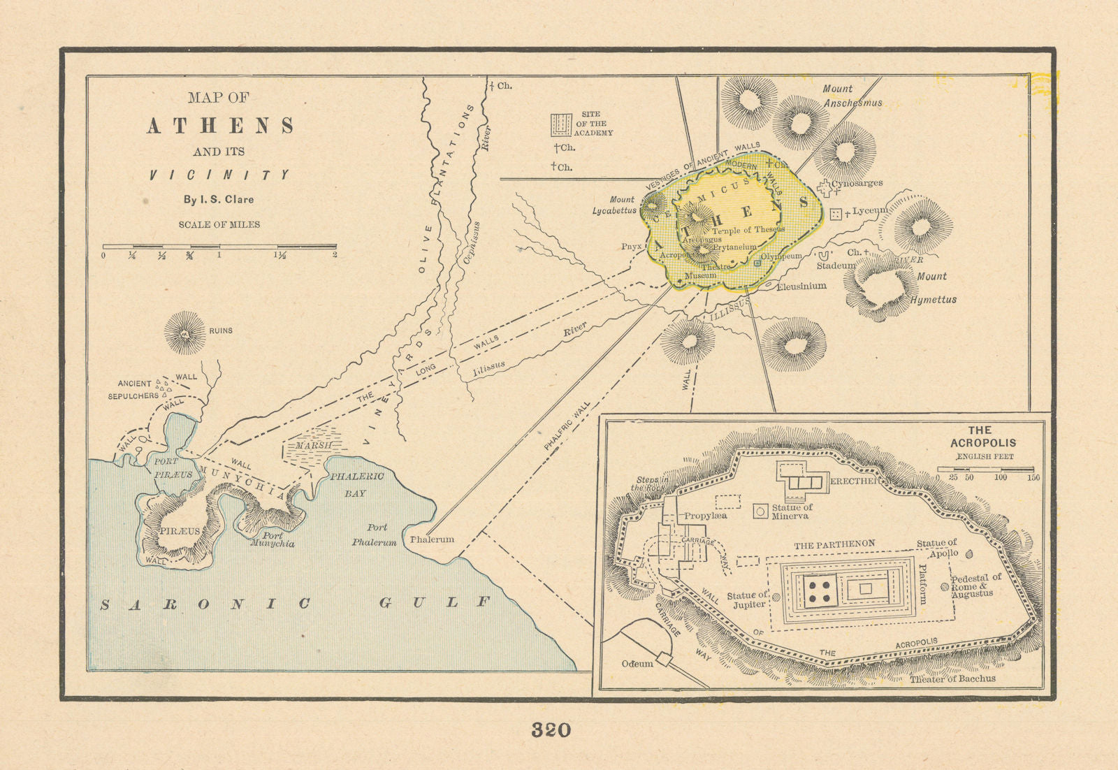 Map of Athens and Its Vicinity. Greece. CLARE 1894 old antique plan chart